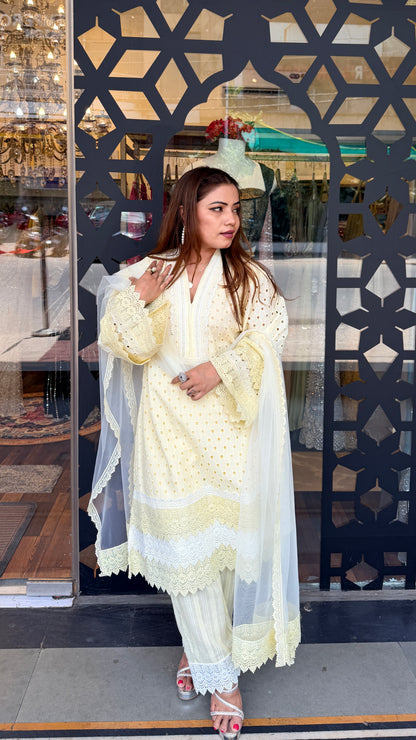 Butter Yellow Chikankari Kurta Set with Lace & Dupatta | Luxury Summer Ethnic Wear | Defence Colony Designer