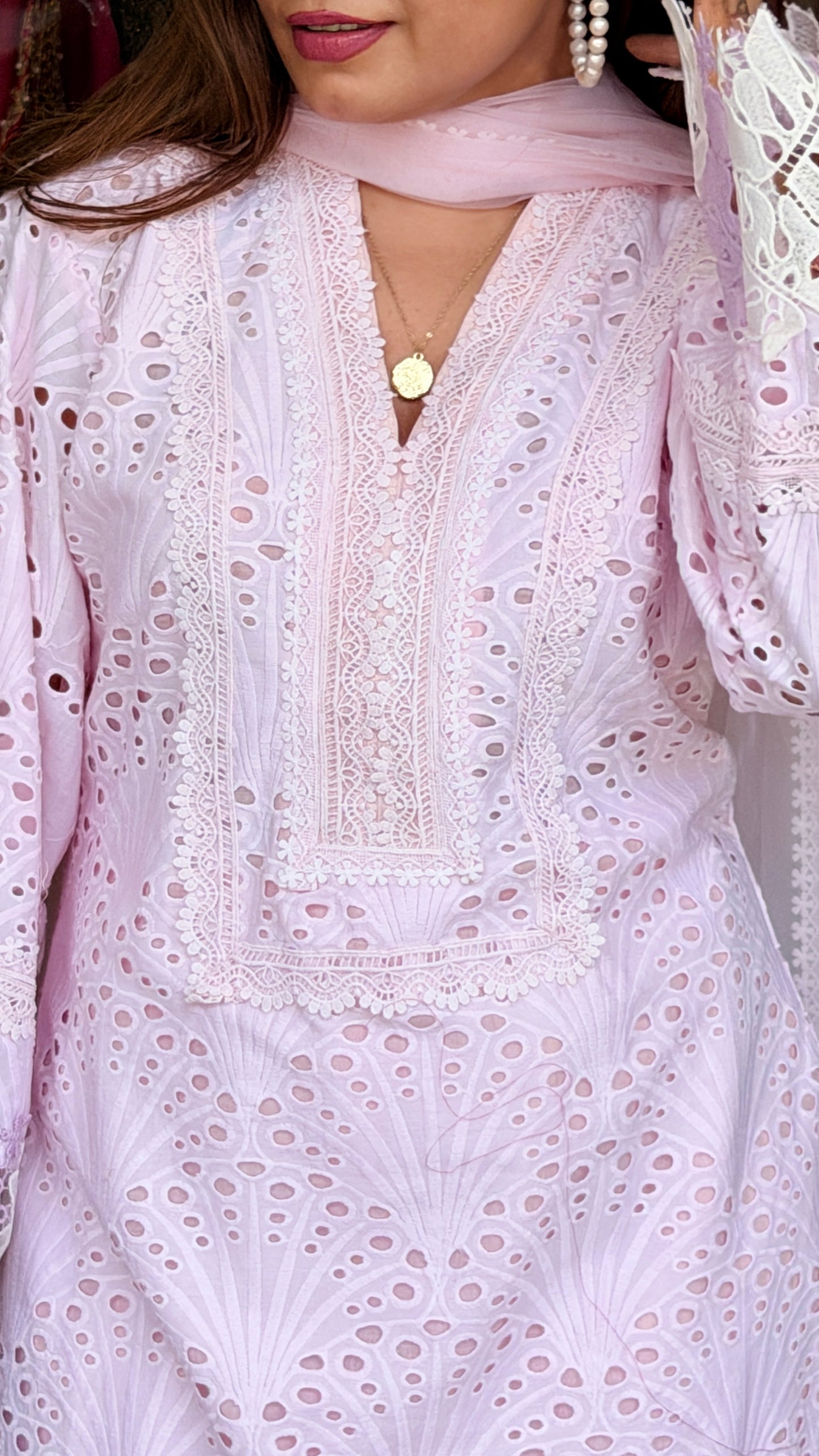 Blush Pink Chikankari Kurta Set with Lace Detail | Luxury Summer Ethnic Wear | Defence Colony Designer