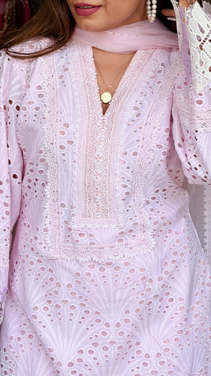 Blush Pink Chikankari Kurta Set with Lace Detail | Luxury Summer Ethnic Wear | Defence Colony Designer