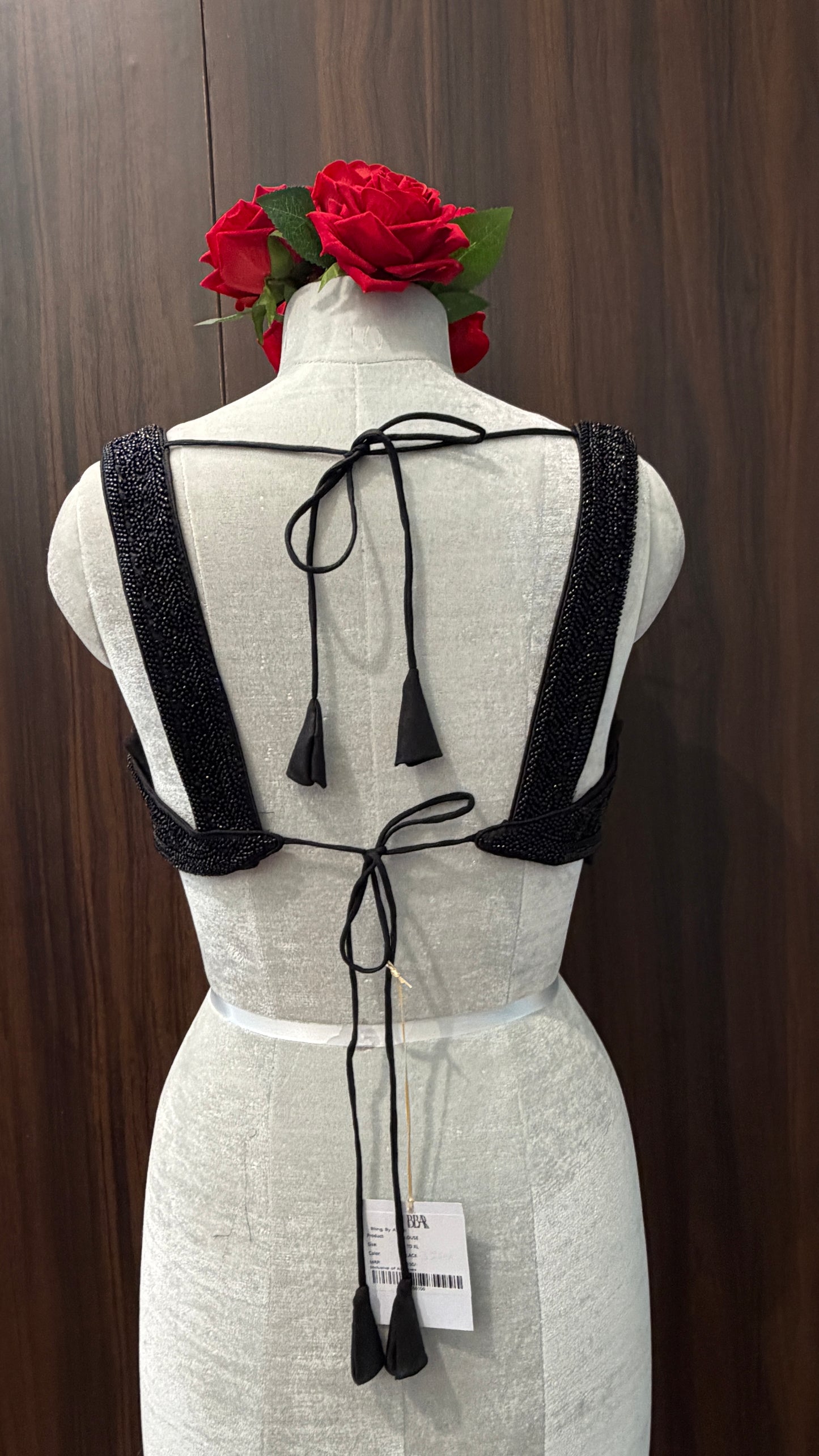 Black Hand-Embroidered Sweetheart Neck Blouse with Tie-Up Back | Designer Blouse