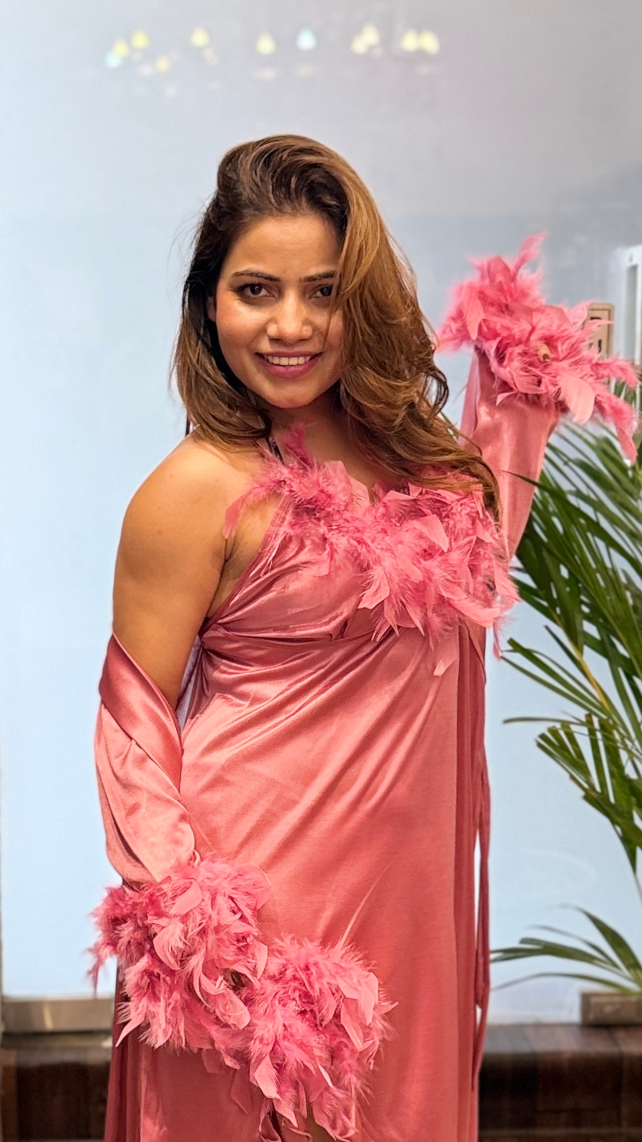 Rose Pink Satin Feather Trim Dress with Robe