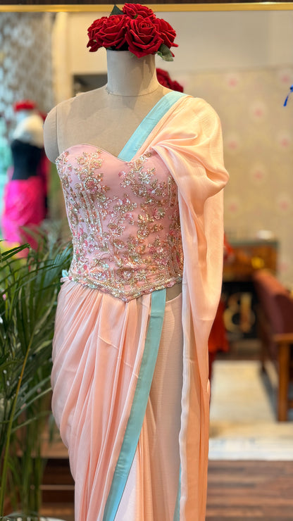 Baby Pink Embellished Corset with Blue Border Saree