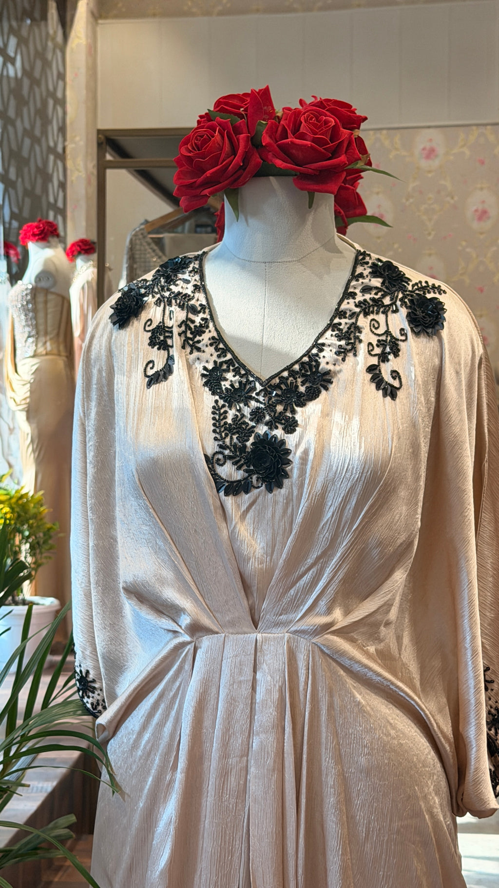 Satin Kaftan with Black Embroidery