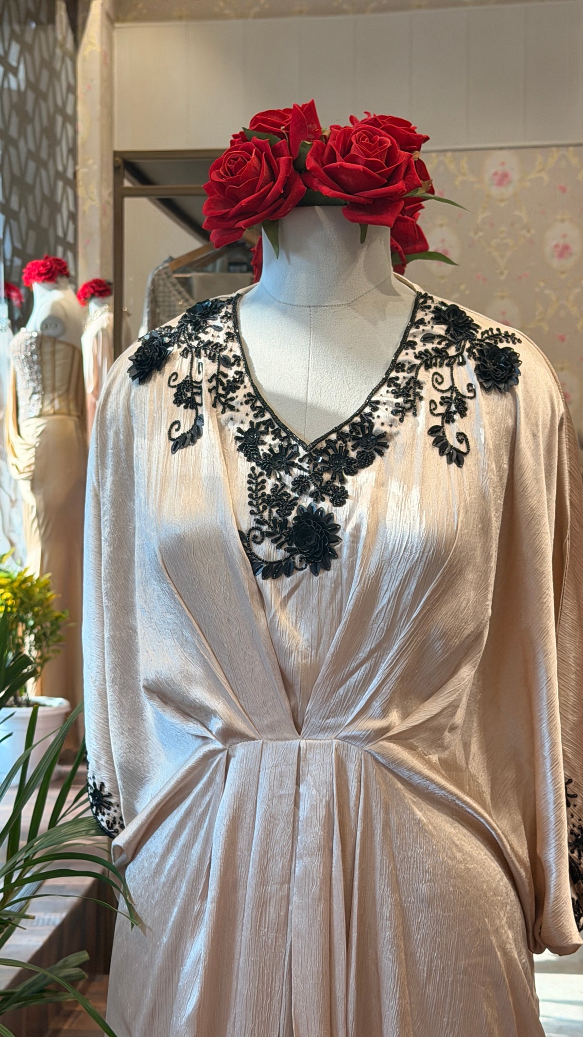 Satin Kaftan with Black Embroidery