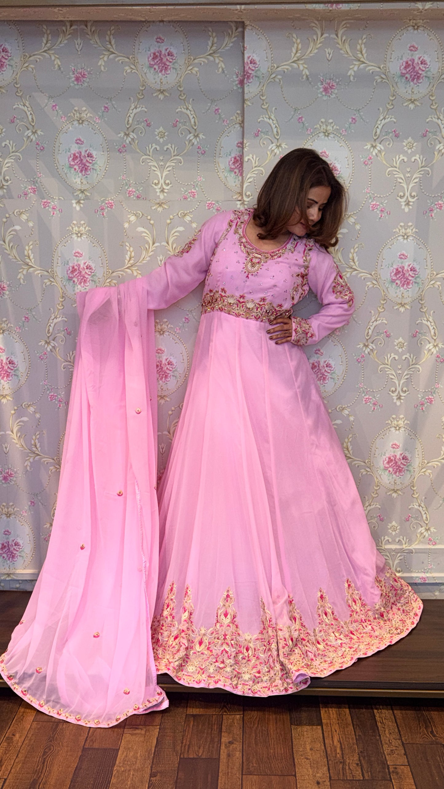 Blush Pink Embroidered Anarkali Suit Set with Dupatta