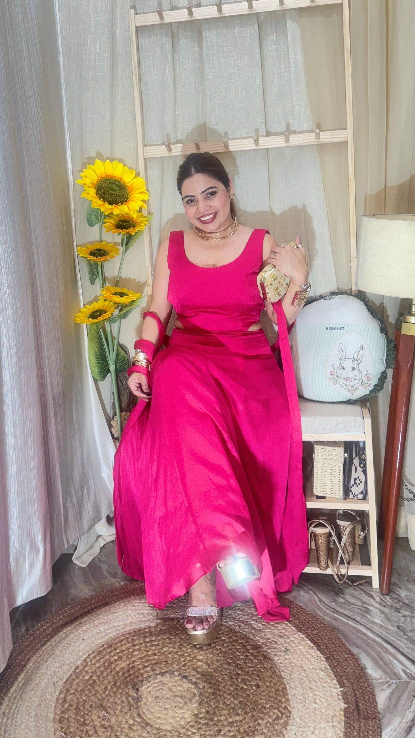 Hot Pink Flared Cut-Out Anarkali Dress