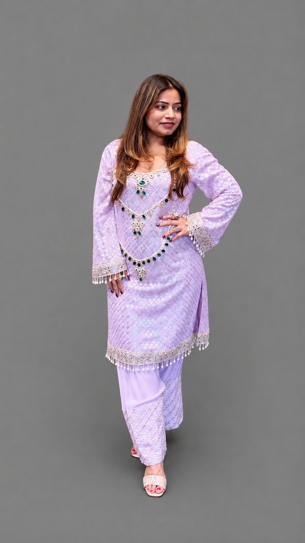 Lavender Embellished Kurta Set with Farsi Salwar