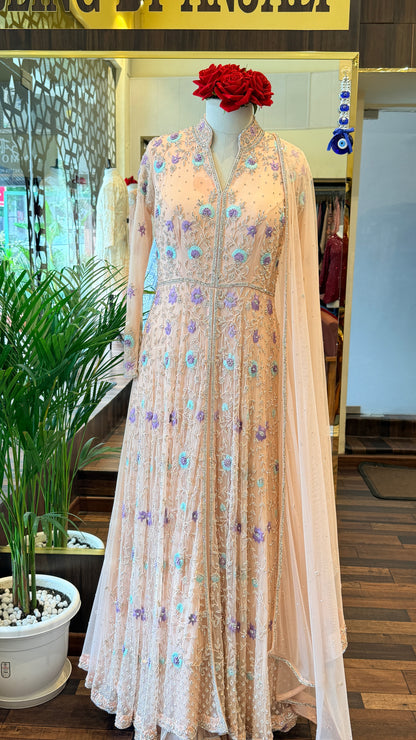 Blush Peach Floral Embroidered Anarkali Set with Dupatta