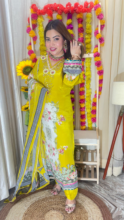 Mustard Yellow Pure Crêpe, ￼ Embroidered 3-Piece Suit