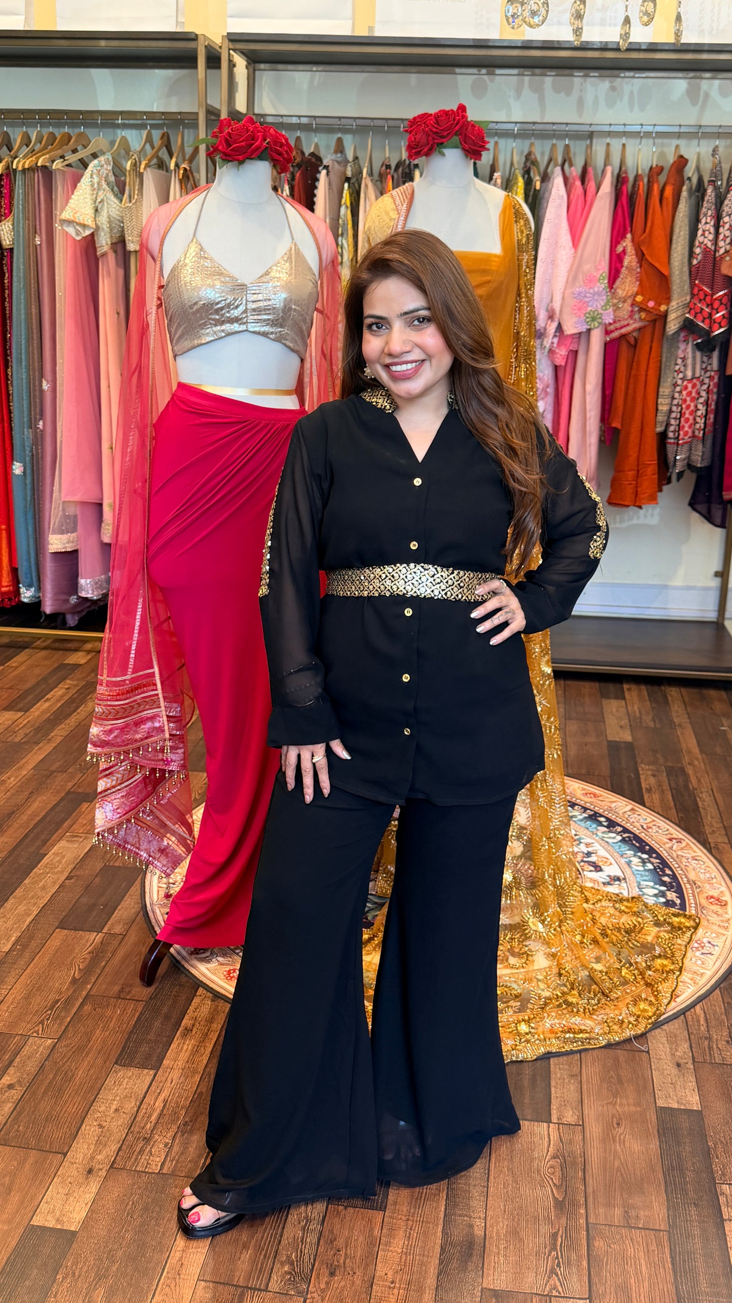 Black Gold Embellished Co-ord Set with Sheer Sleeves