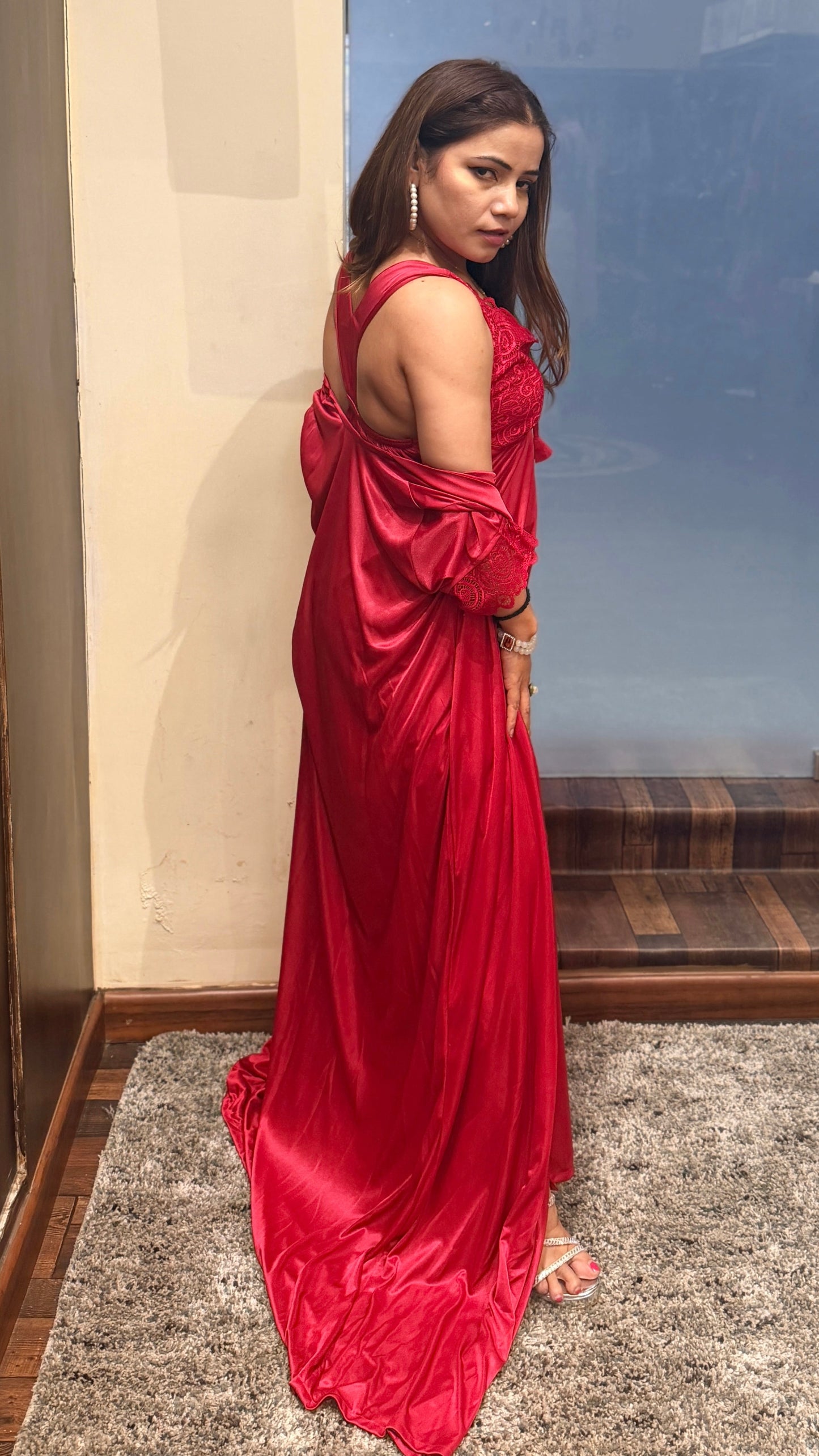 Luxury Red Satin Nightwear Set with Lace Detail (Robe + Slip)