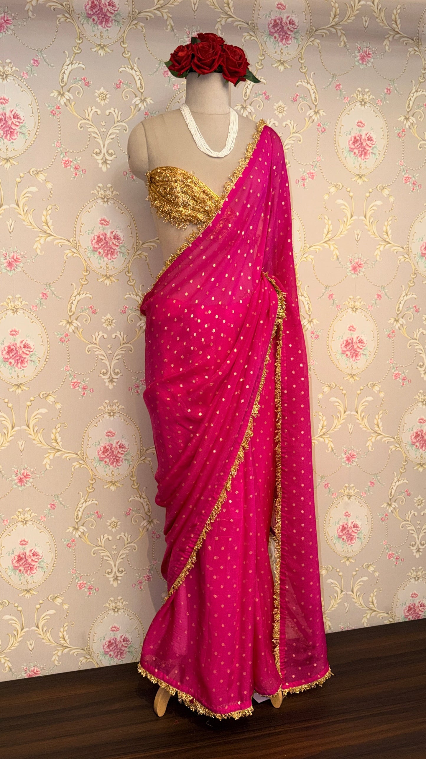 Rani Pink Dotted Saree with Gold Border