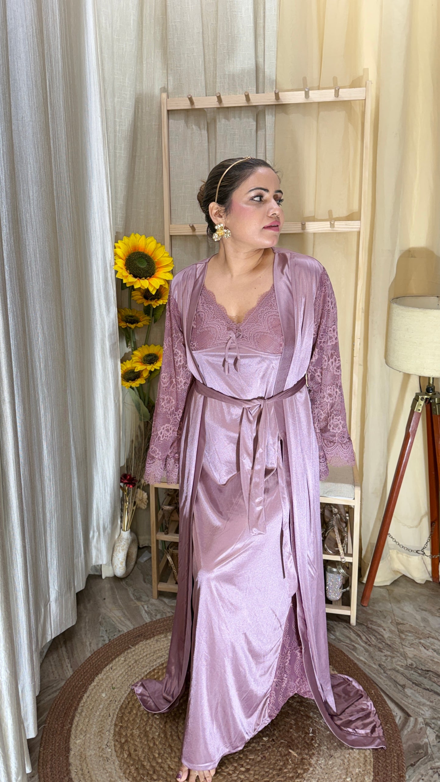 Dusty Rose Satin & Lace Nightwear Set with Robe – 3 Piece Luxe Sleepwear