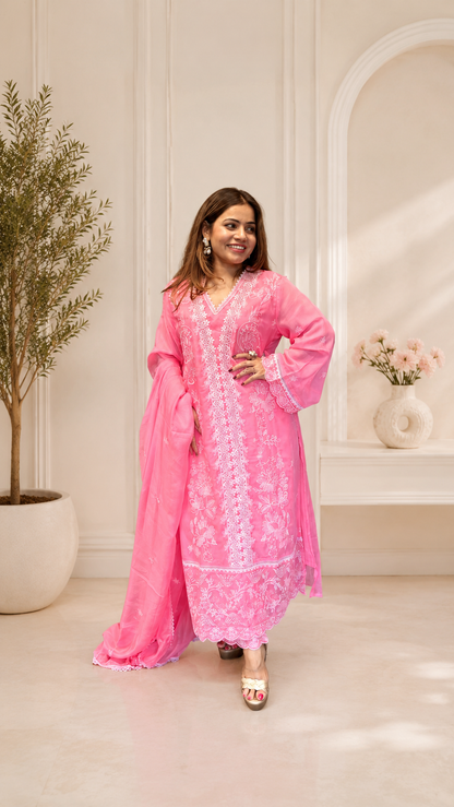 Pink Chikankari Kurta Set with Dupatta – Elegant Embroidered Suit Set