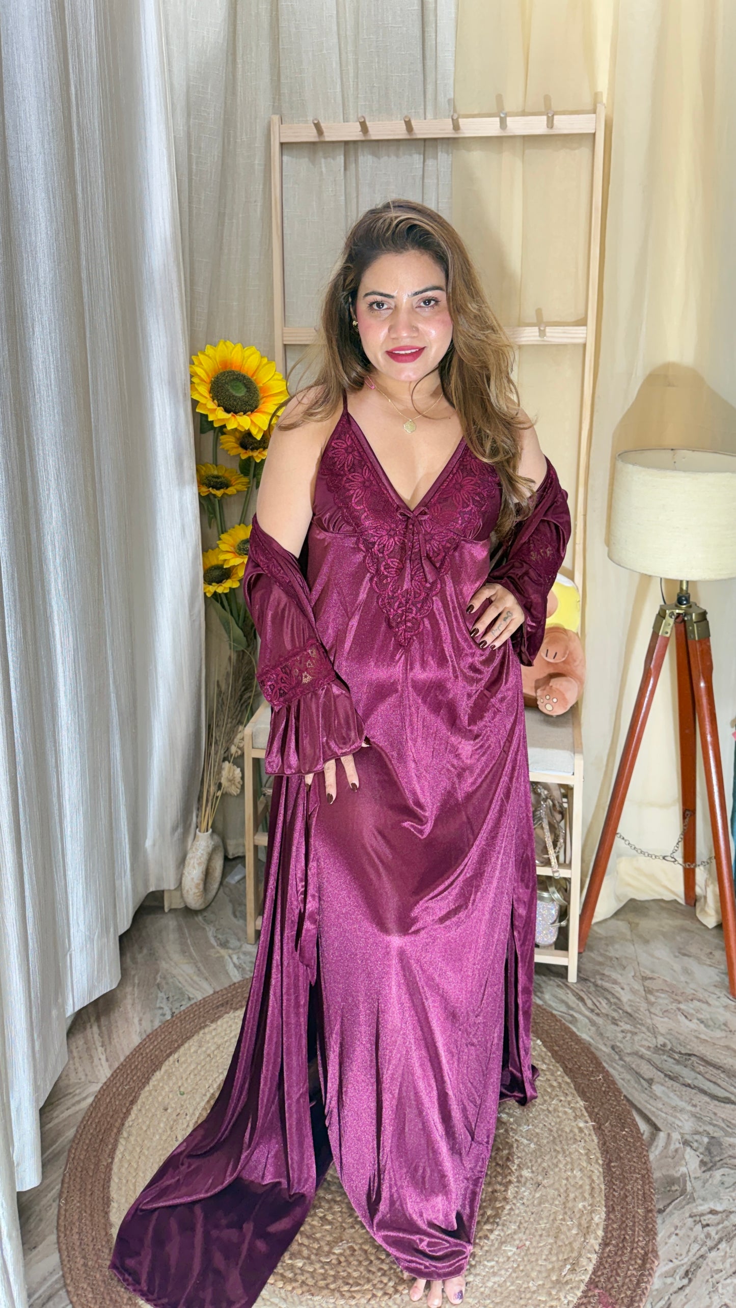 Wine Satin Embroidered Nighty with Robe | Luxury Nightwear Set