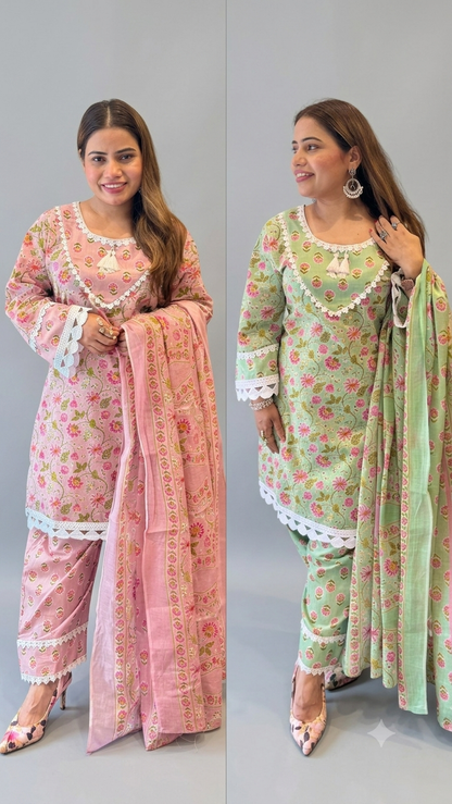 Mint Green Floral Printed Kurta Set with Lace Detailing & Dupatta