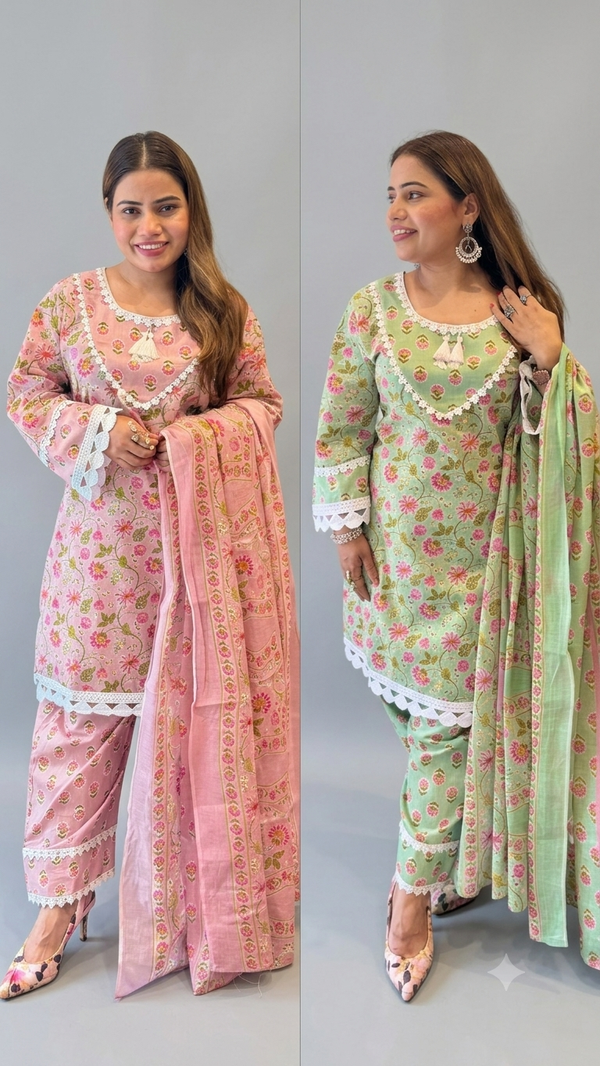 Mint Green Floral Printed Kurta Set with Lace Detailing & Dupatta