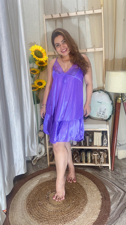3pc Satin Lycra Lace Nighty – Purple Glow