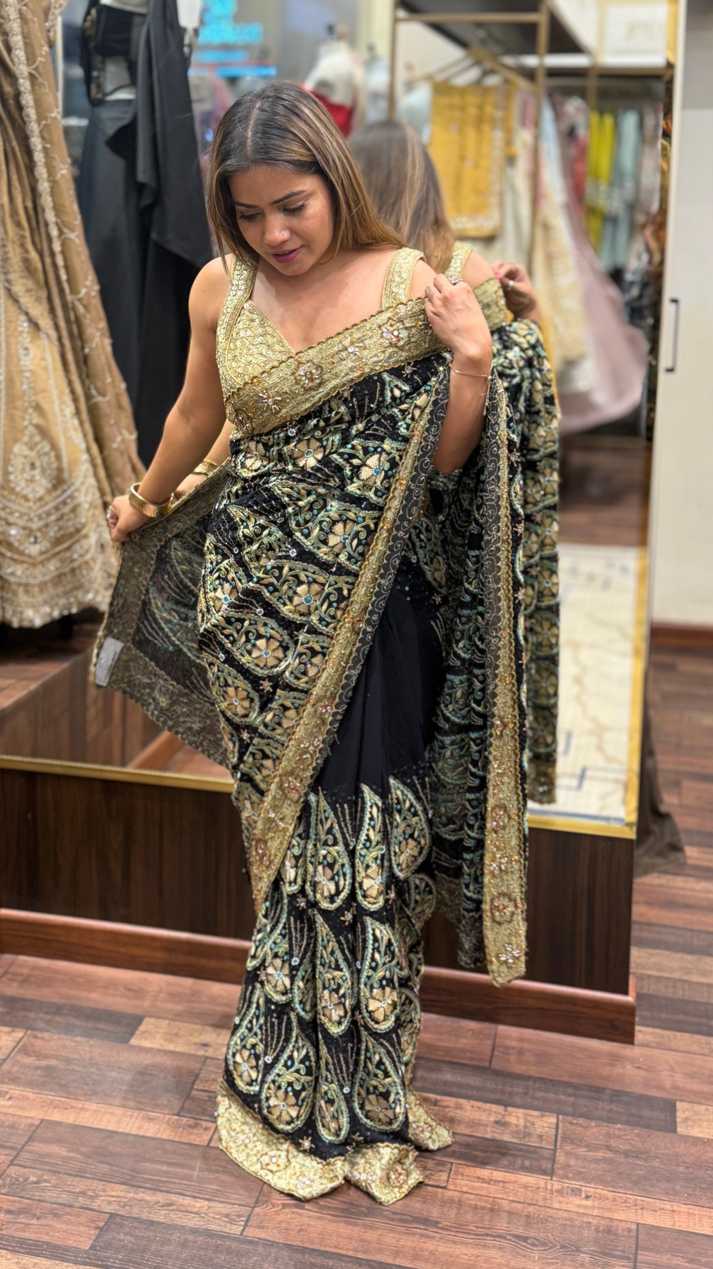 Heritage Black Resham Embroidered Saree with Tissue Border