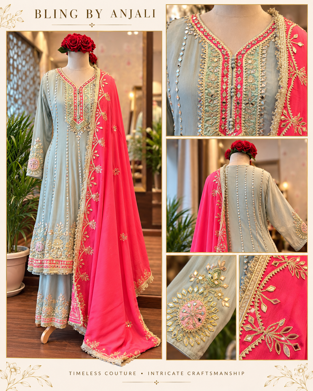Sage Blue & Coral Pink Embroidered Festive Suit Set