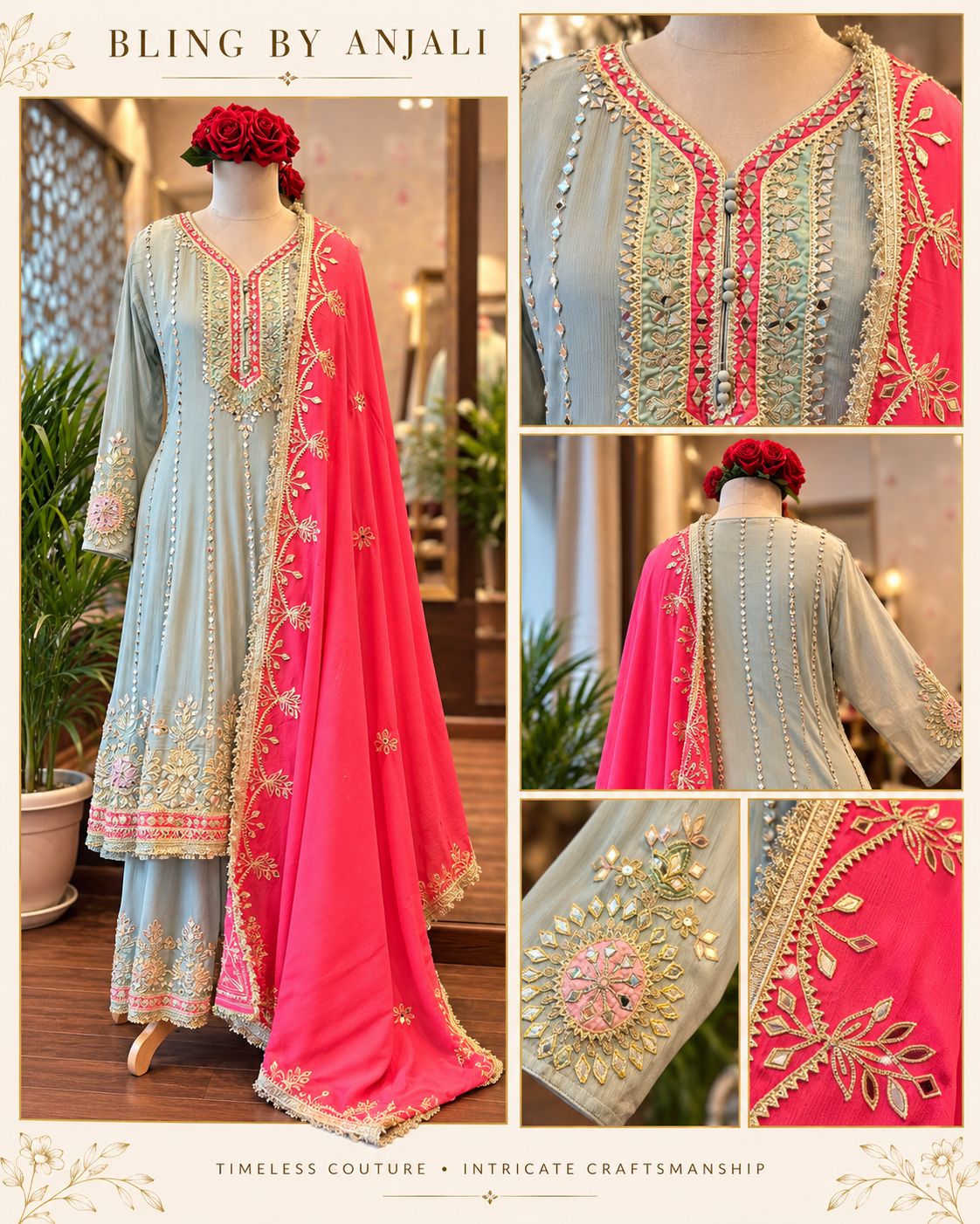 Sage Blue & Coral Pink Embroidered Festive Suit Set