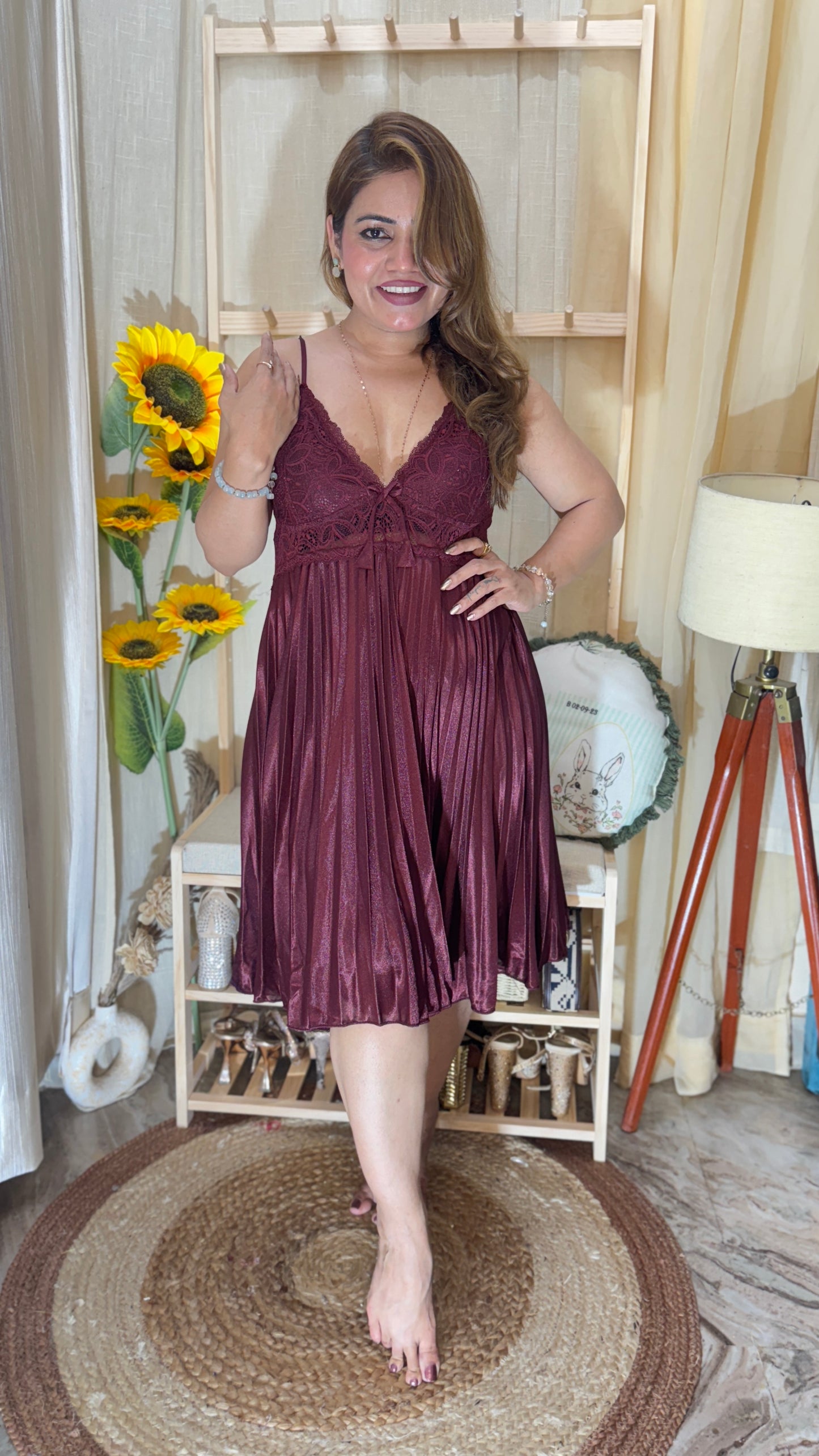 3pc Satin Pleated Lace Night Dress