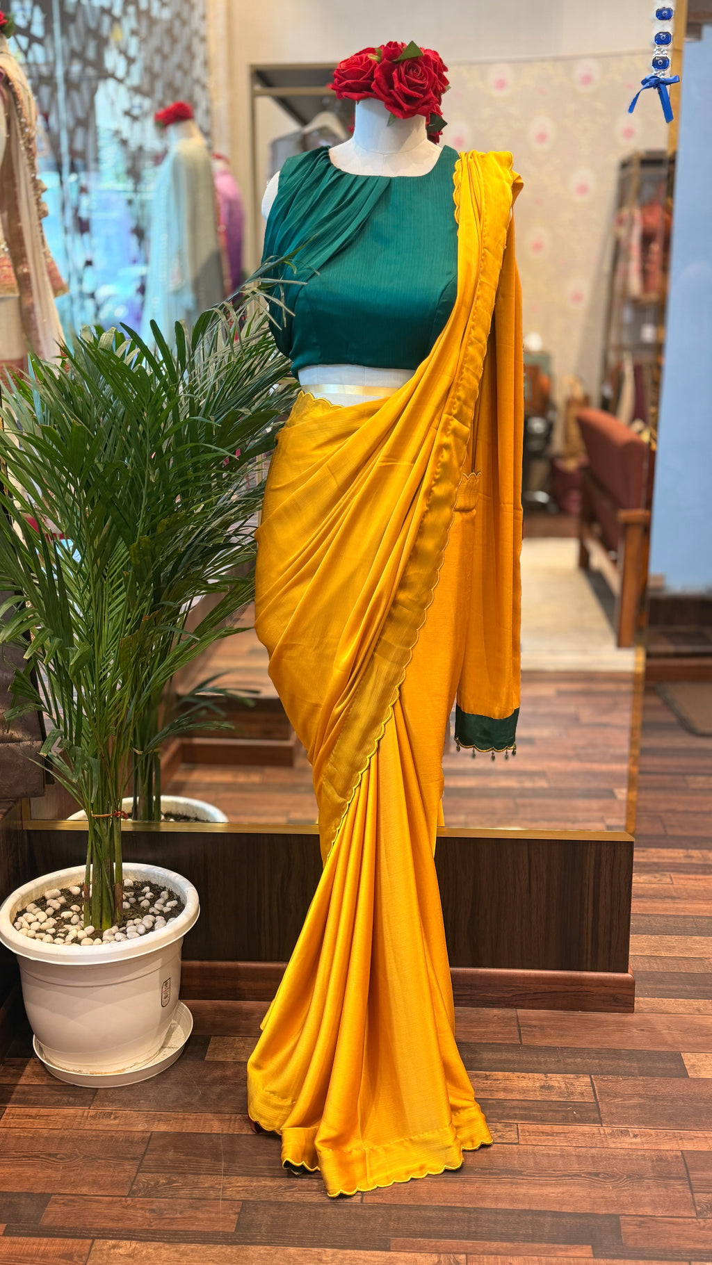 Mustard Chiffon Satin Saree with Green stylist Blouse