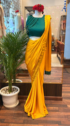 Mustard Chiffon Satin Saree with Green stylist Blouse