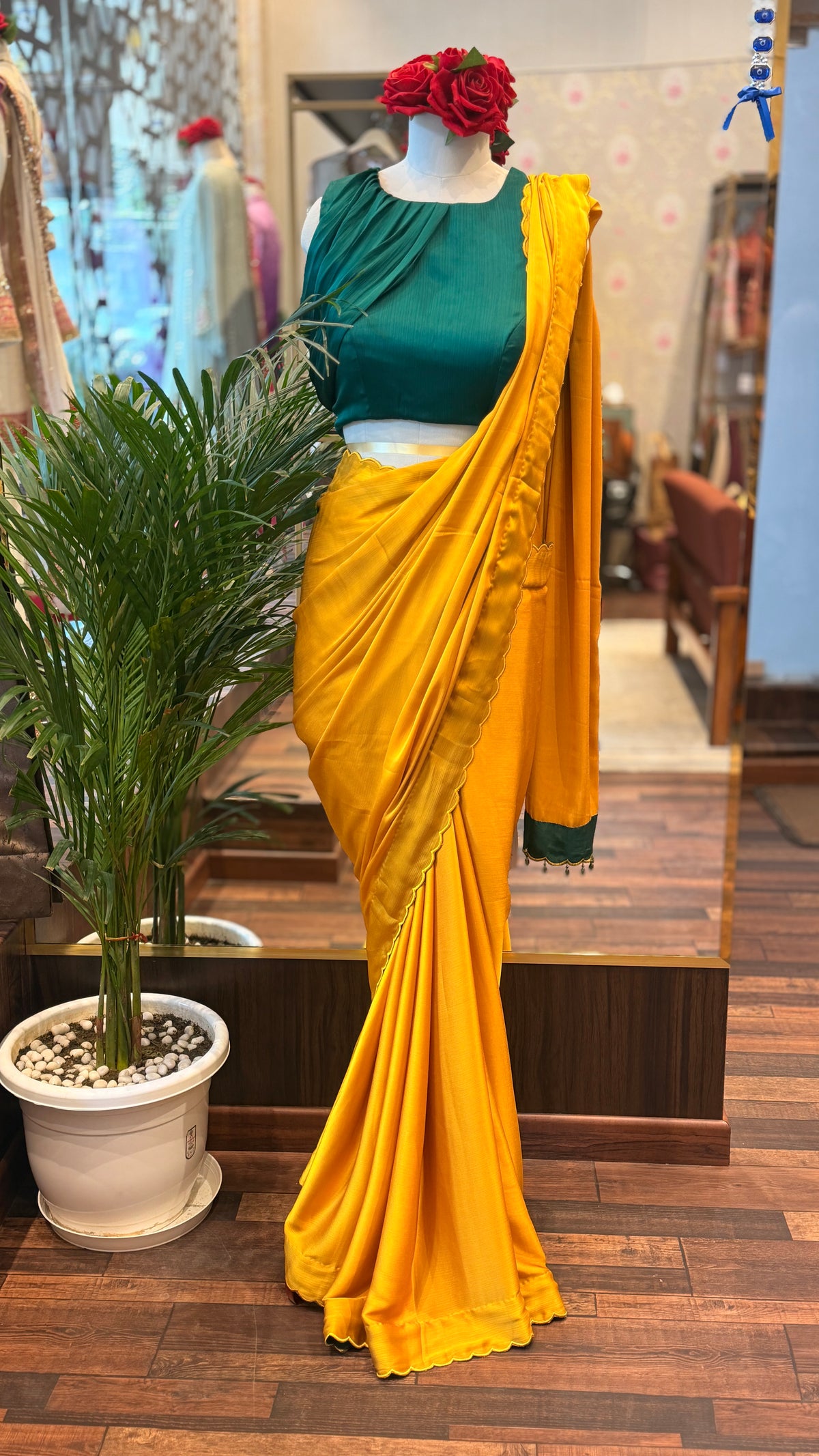Mustard Chiffon Satin Saree with Green stylist Blouse