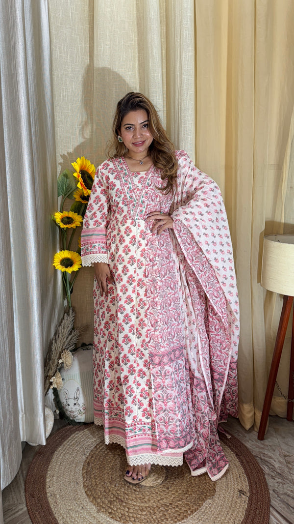 Graceful pink floral Anarkali suit set