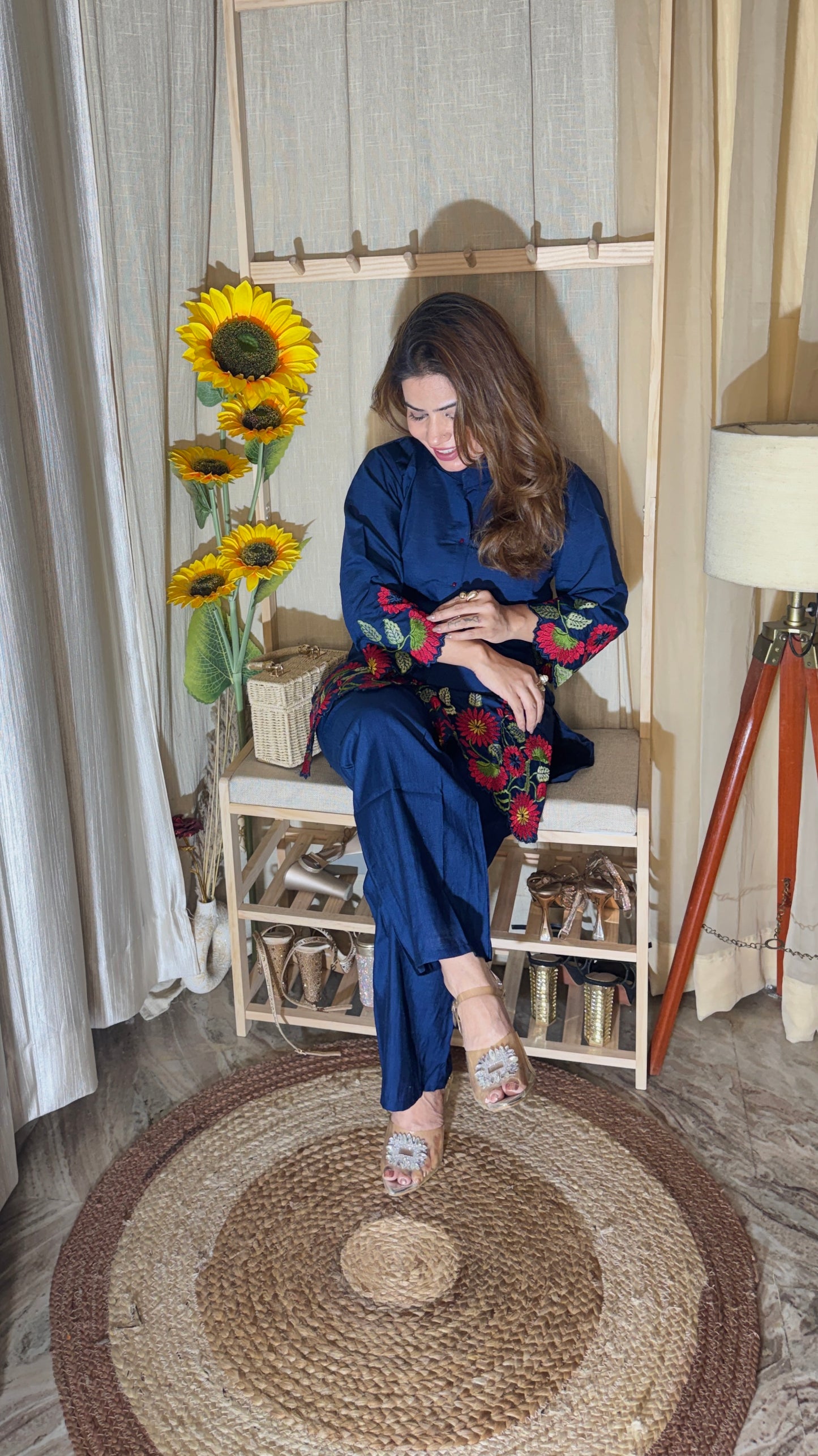 Navy Blue Floral Embroidered Co-Ord Set
