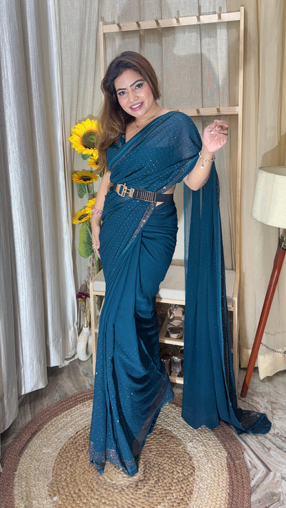 Teal Blue Sparkle Drape Saree