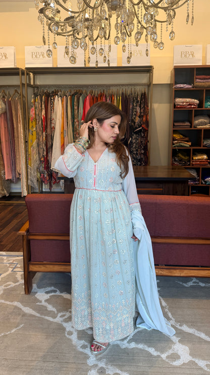 Sky Blue Embroidered Georgette  Suit Set