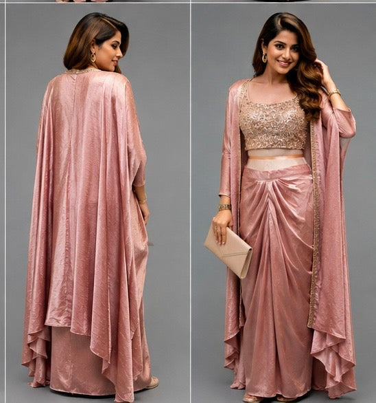 Blush Pink Three-Piece Draped Skirt Set