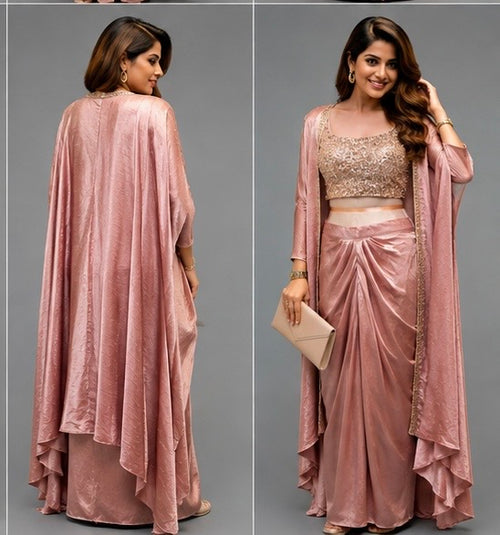 Blush Pink Three-Piece Draped Skirt Set