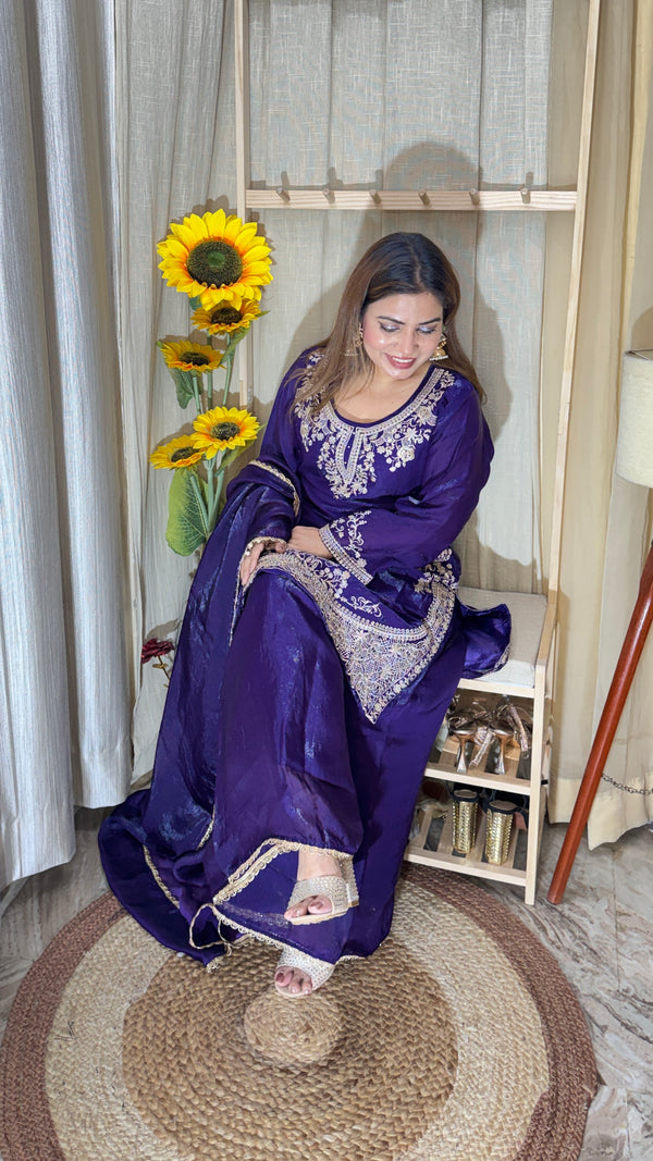 Royal Purple Embroidered Silk Suit Set