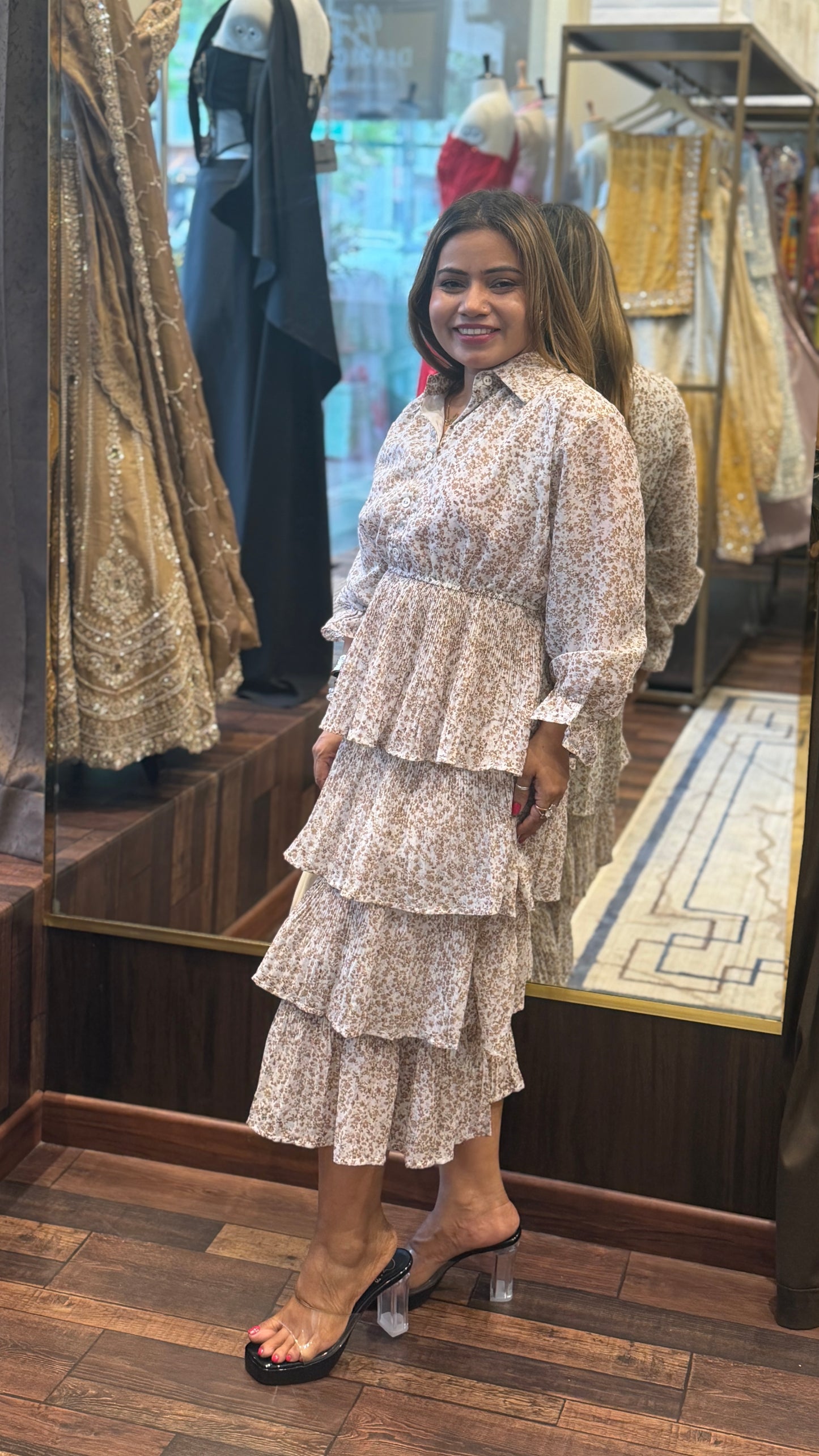 Romantic Layered Floral Midi Dress with Shirt Collar