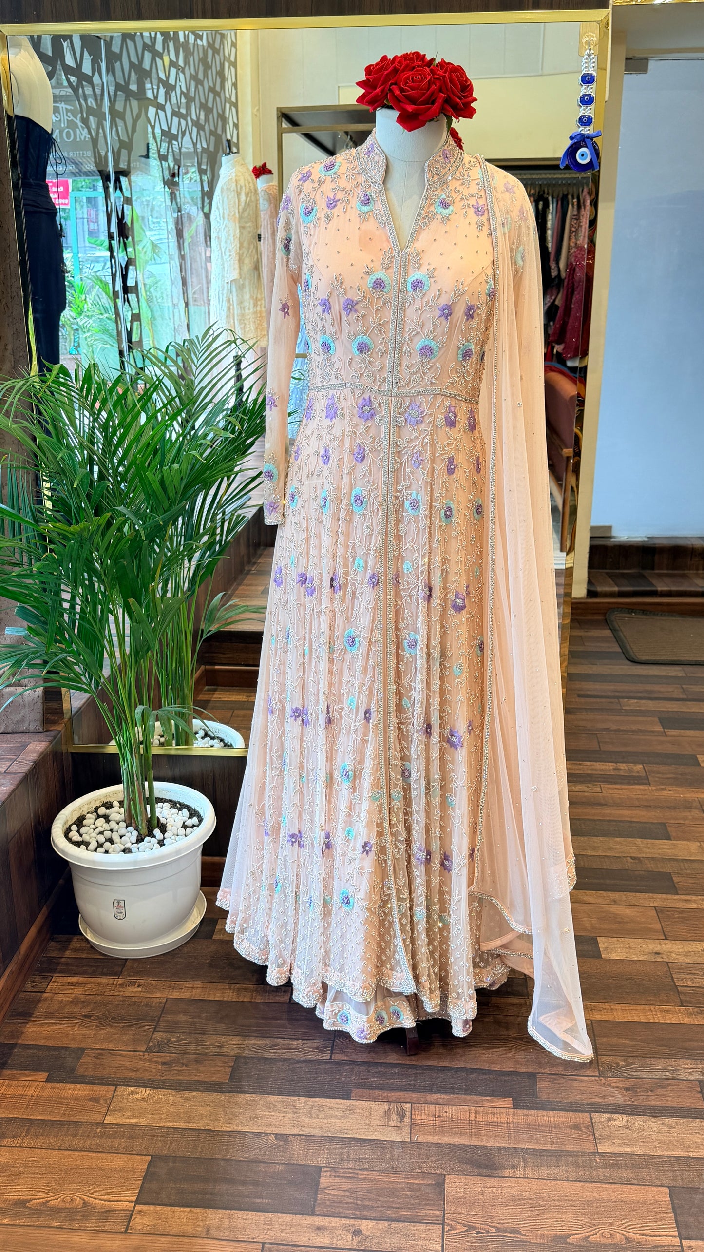 Blush Peach Floral Embroidered Anarkali Set with Dupatta