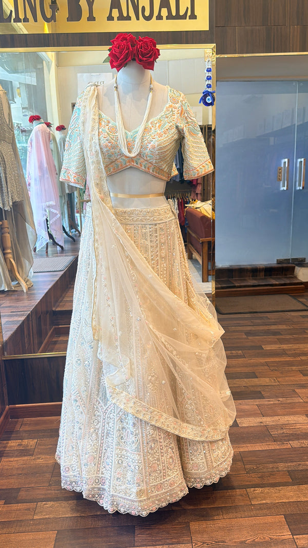 Ivory Embroidered Bridal Lehenga Set with Dupatta | Luxury Designer Wedding Lehenga | South Delhi Couture