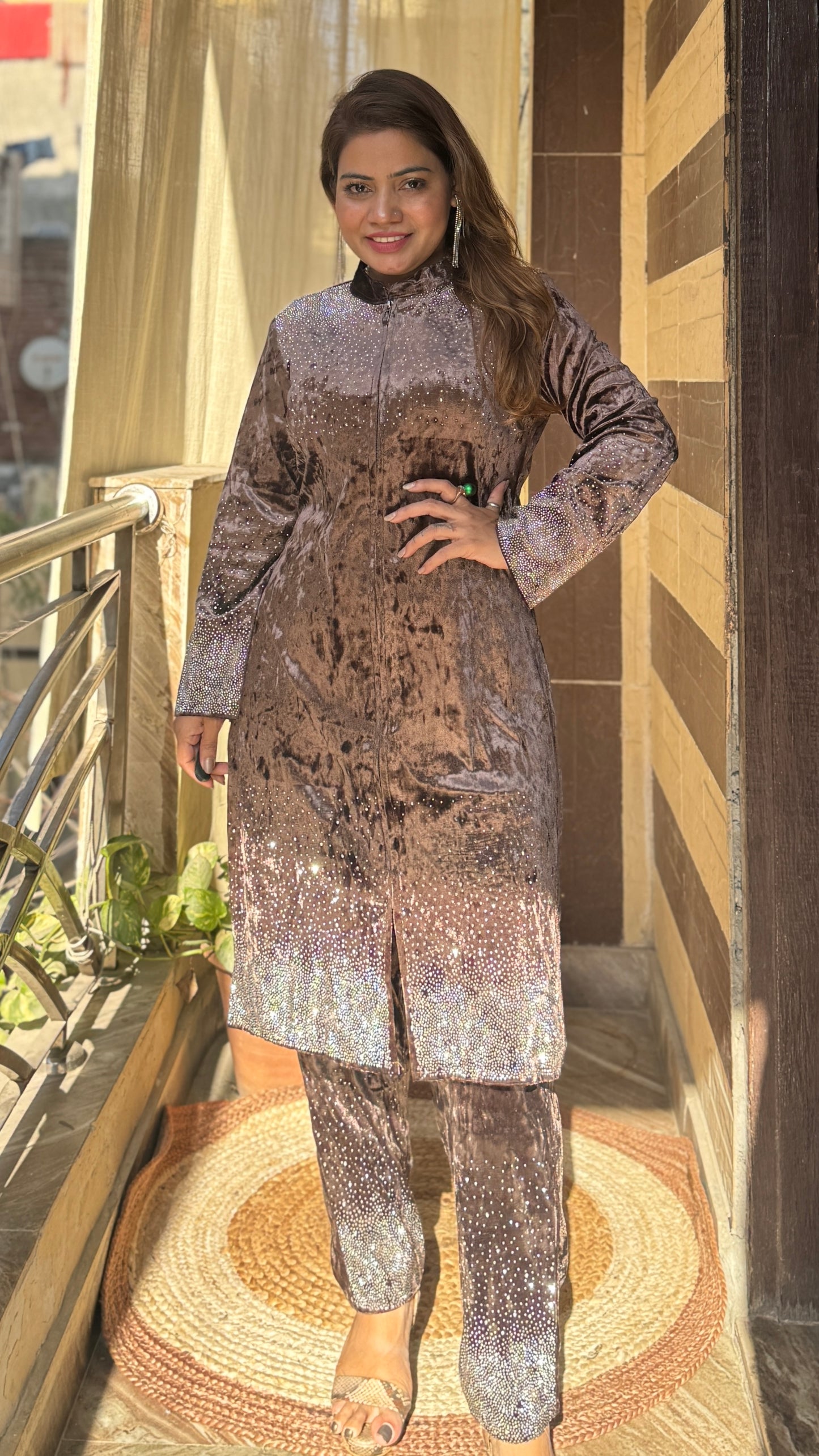 Luxe velvet outfit with dazzling embellishments