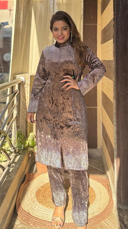 Luxe velvet outfit with dazzling embellishments