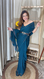 Teal Blue Sparkle Drape Saree