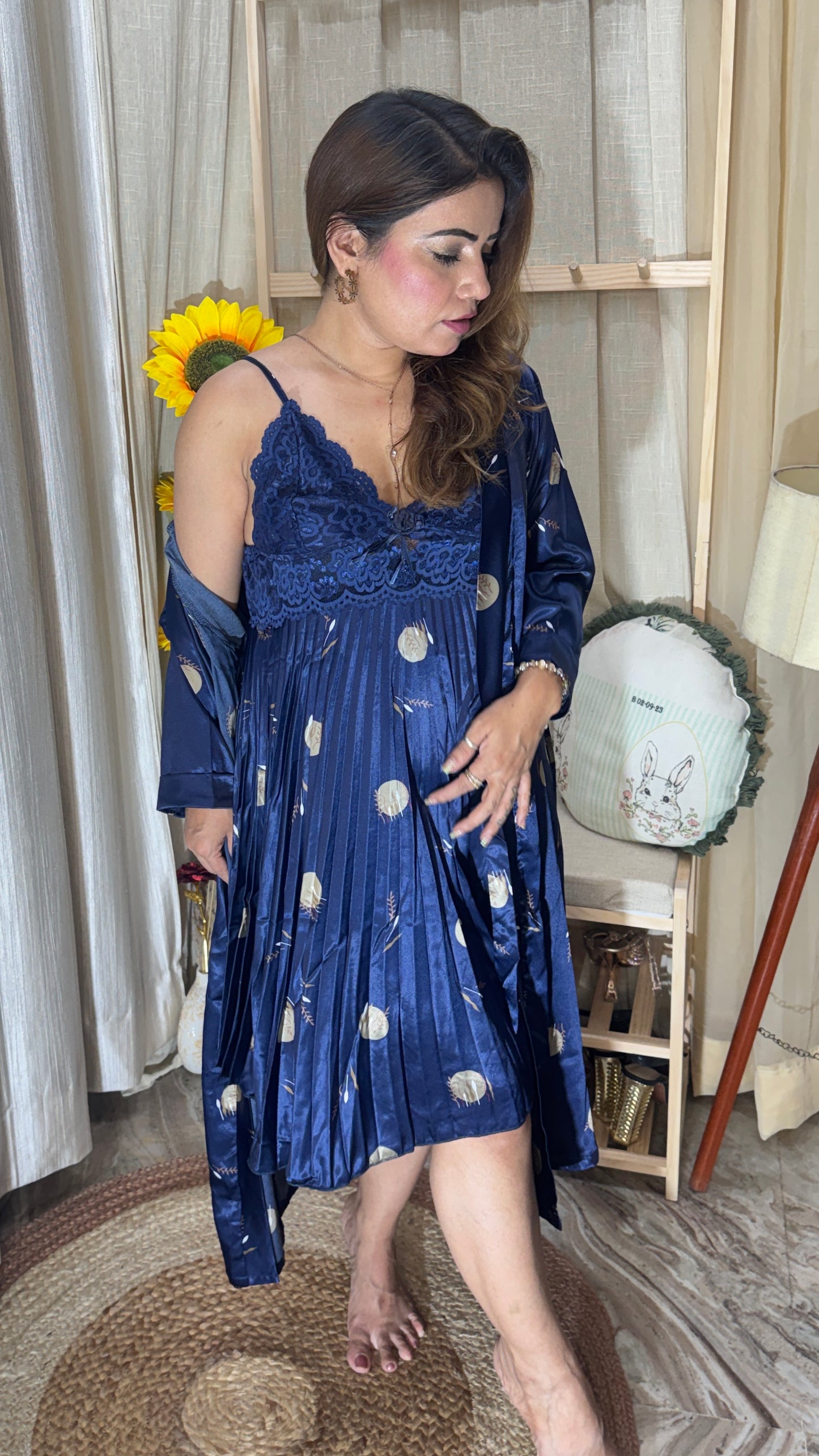 2PC Set Satin pleated night dress with Matching satin robe