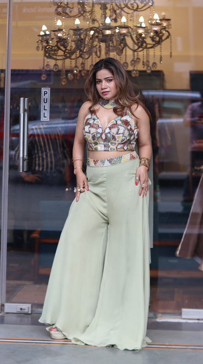 Pastel Green Embellished Indo-Western Set with Choker Dupatta ￼