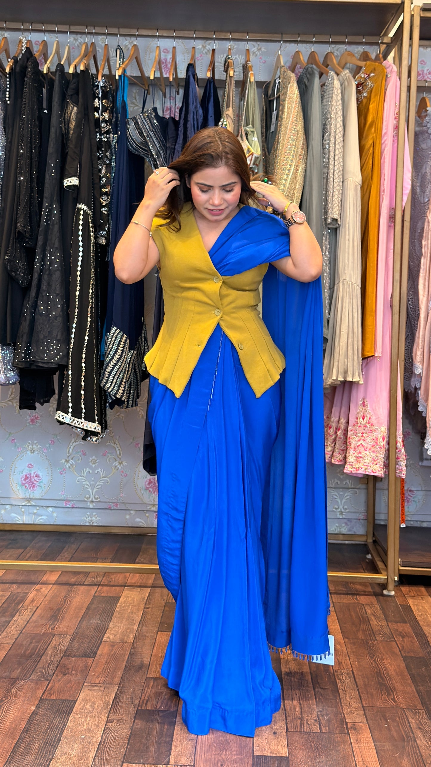 Cobalt Blue Draped Saree with Mustard Sculpted Waistcoat