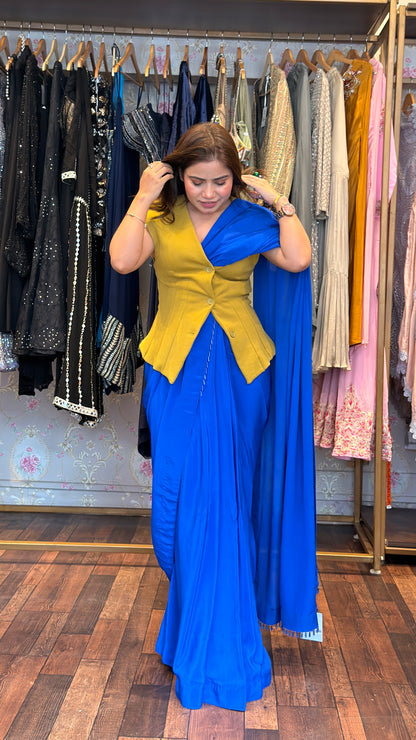 Cobalt Blue Draped Saree with Mustard Sculpted Waistcoat