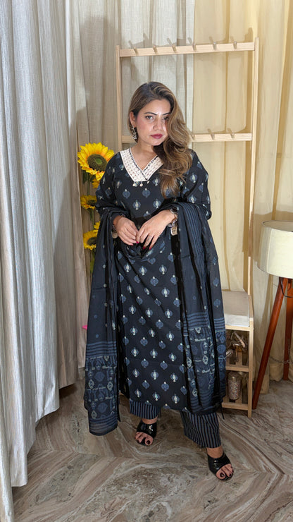 Elegant Black Printed Kurta Set with Dupatta