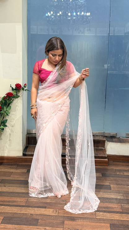 Soft Pink Net Saree with Floral Embroidery & Designer Blouse