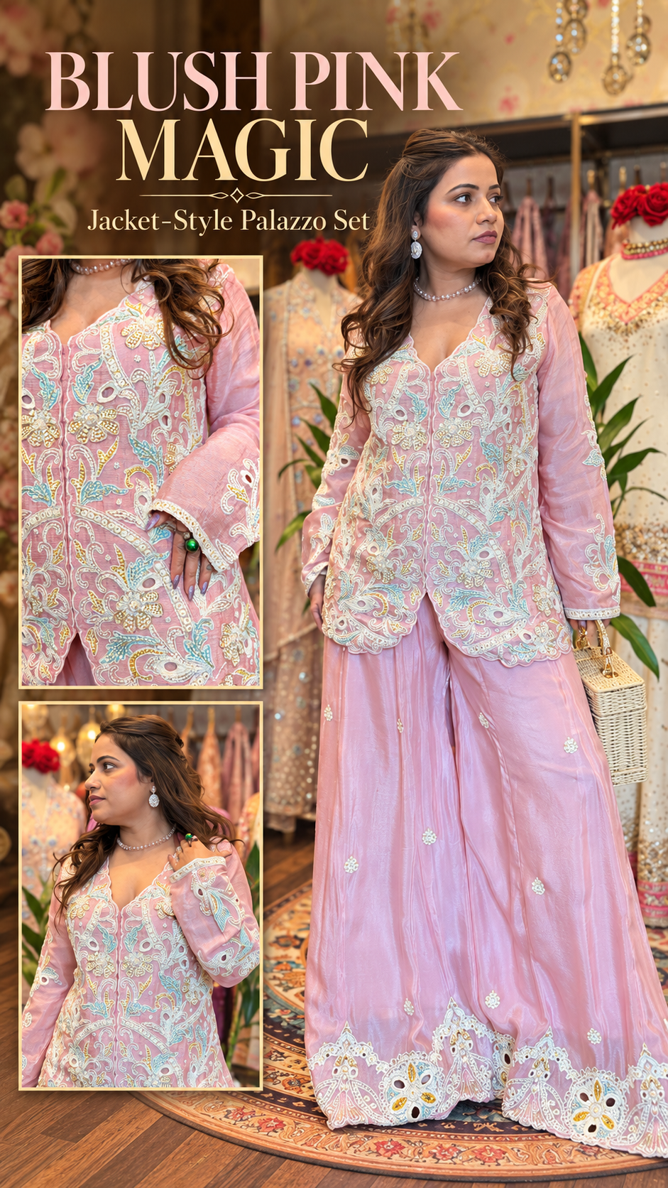 Blush Pink Embroidered Jacket-Style Sharara Set