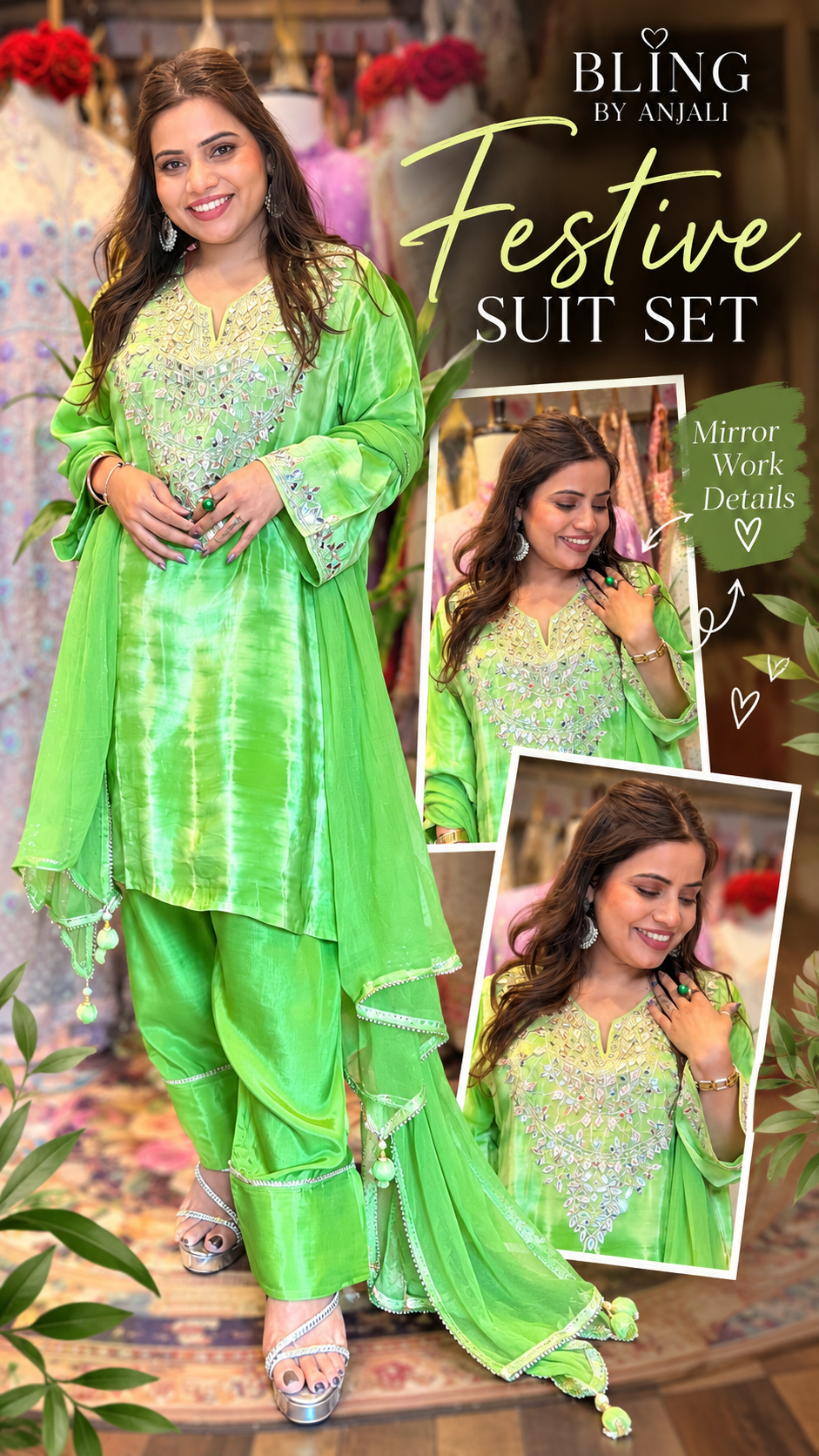 Lime Green Mirror Work Suit Set with Dupatta